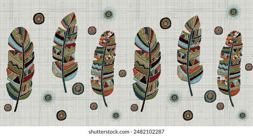 Plumas de bordado. Horizontal patrón sin costuras. Arte colorido del aro. Boho, artesanías, patrones del bordado de la mano. Textura de lino. Vector.