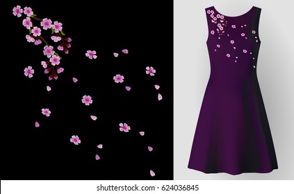 Embroidery Field Flowers Arrange Necklace Patch Cherry Pink Blossom. Fashion Dress Decoration Woman Stitch Ornate Realistic 3d Mockup Vector Illustration Art