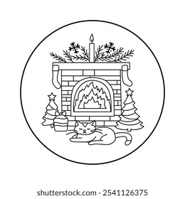 Embroidery. Fireplace. Cat. Christmas hand embroidery pattern. Sticker paper, Christmas craft gift with a cat sleeping next to fireplace with christmas decorations, stocking Round hoop, craft DIY gift