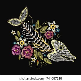 Embroidery fish bone and flowers, gothic art background. Embroidery summer flowers and skeleton of fish, sea art seamless pattern. Fashionable template for design of clothes, t-shirt design 