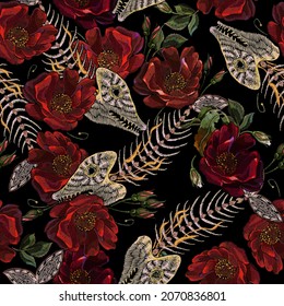 Embroidery fish bone and red roses flowers. Medieval style. Fashion clothes template and t-shirt design. Dark gothic seamless pattern. Halloween art  