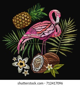 Embroidery flamingo, palm tree leaves, pineapple, coconut tropical art. Fashionable embroidery pink flamingos, tropical summer background. Fashionable template for design of clothes 