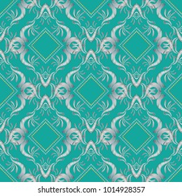 Embroidery floral 3d seamless pattern. Damask tapestry blue background wallpaper. Embroidery white flowers, leaves. Grunge hand drawn ornament with embroidered frames, swirls, lines. Design for fabric