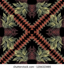 Embroidery floral Baroque vector seamless pattern. Ethnic tribe style geometric striped background. Repeat ornamental grunge backgrop. Tapestry vintage baroque flowers, scroll leaves. Antique ornament