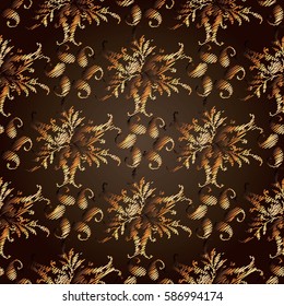 Embroidery floral damask seamless pattern background wallpaper illustration with gold 3d vintage tapestry grunge flowers, tracery leaves,  antique paisley ornament. Vector  texture for fabric, textile