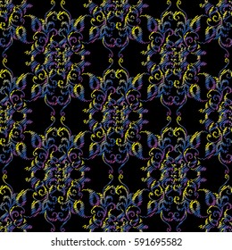 Embroidery floral damask seamless pattern background wallpaper illustration with violet  vintage tapestry grunge flowers, tracery leaves,  antique paisley ornament. Vector  texture for fabric, textile