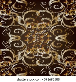 Embroidery floral damask seamless pattern background wallpaper illustration with gold 3d vintage tapestry grunge flowers, tracery leaves,  antique paisley ornament. Vector  texture for fabric, textile