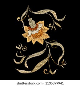 Embroidery with floral decorative elements In art nouveau style, vintage, old, retro style on black background. Vector illustration.