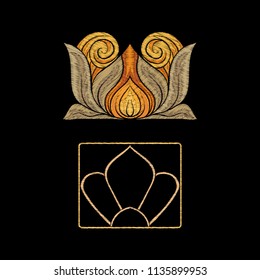 Embroidery with floral decorative elements In art nouveau style, vintage, old, retro style on black background. Vector illustration.