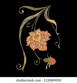 Embroidery with floral decorative elements In art nouveau style, vintage, old, retro style on black background. Vector illustration.