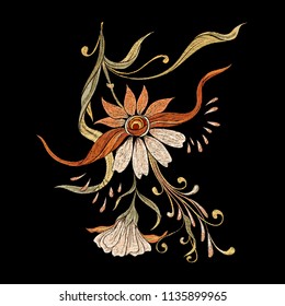 Embroidery with floral decorative elements In art nouveau style, vintage, old, retro style on black background. Vector illustration.