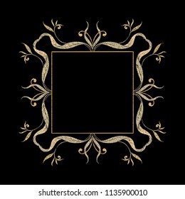 Embroidery with floral decorative elements In art nouveau style, vintage, old, retro style on black background. Vector illustration.