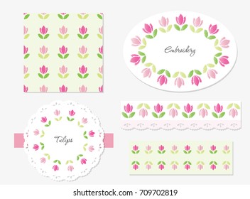 Embroidery floral decorative elements set.