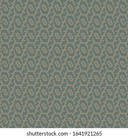 Embroidery with floral and geometric elements, in tones of green and gold. Tapestry texture. Wallpaper pattern.