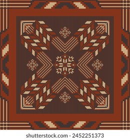 Patrón cuadrado geométrico floral de bordado. Vector bordado folk geométrico floral cuadrado azulejo patrón sin fisuras. Uso de patrón de punto de cruz geométrico étnico para textiles, Elementos de decoración del hogar, etc.