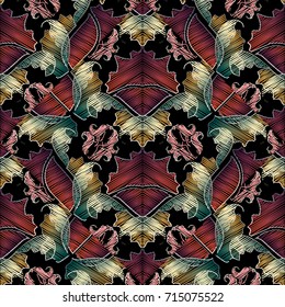 Embroidery floral gold seamless pattern. Black vector background wallpaper with vintage hand drawn red gold green embroidered flowers, grunge swirl leaves and tapestry antique baroque ornaments.