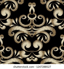 Embroidery floral gold vector seamless pattern. Damask style grunge Paisley flowers. Decorative Baroque tapestry ornament. Embroidered flowers, leaves, swirls, lines. Ornate stitching textured design