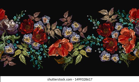 Embroidery. Floral horizontal seamless pattern. Red poppies and violet flowers, summer bouquet. Summer botanical fashion illustration. Template for clothes 