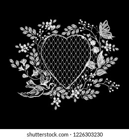 Embroidery floral lace with heart, flowers and butterfly. Vector embroidered bouquet for wearing design.