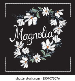 Embroidery floral with magnolia on black background. Vector fashion ornament