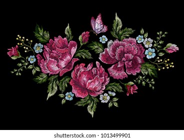 Embroidery floral native pattern with roses and butterfly. Vector embroidered patch with flowers for wearing design