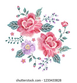 Embroidery floral native pattern with roses. Vector embroidered patch with flowers for wearing design.