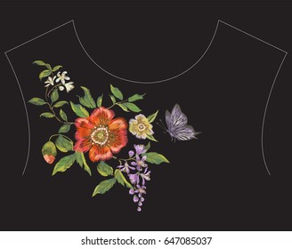 Embroidery floral neck line pattern with poppies, lilac and butterfly. Vector traditional embroidered design with flowers and insect on black background for fashion clothing.