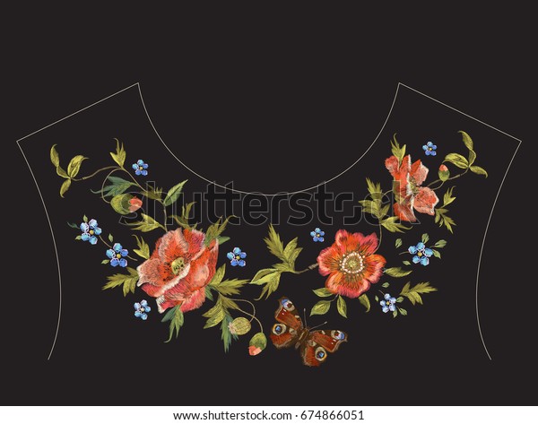 刺しゅう花柄の首の線とケシと蝶 ファッション衣料用の黒い背景にベクター伝統的な刺繍デザインと花 のベクター画像素材 ロイヤリティフリー