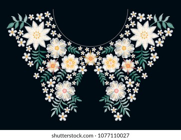 Embroidery floral neckline pattern. Beautiful white flowers. Elegant design for collars of fashion blouses and t-shirts. 
