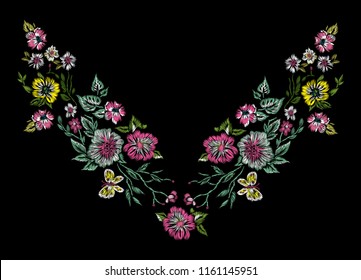 Embroidery floral neckline pattern with flowers and butterfly. Vector embroidered bouquet with flowers for wearing design.