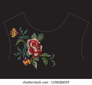 Embroidery floral neckline pattern with red rose. Vector embroidered bouquet with flowers for wearing design.