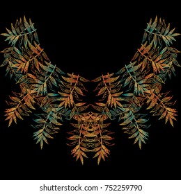 Embroidery floral neckline pattern. Vector tapestry neck design. Autumn background.  Grunge leafy necklace. Embroidered plants ornaments. Ethnic neck design with doodle  lace leaves, branches