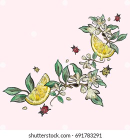 Embroidery floral patch with lemon blossom and ladybugs. Vector embroidered flowers stickers for fashion design