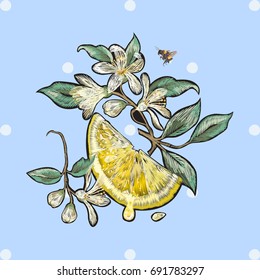 Embroidery floral patch with lemon blossom and bee. Vector embroidered flowers stickers for fashion design.