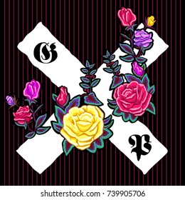 Embroidery floral patch with roses and gothic signs. Vector embroidered flowers design for fashion and t shirts.