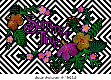 Embroidery floral patch. Summer exotic tropical flower decoration. Fashion textile print. Plumeria Frangipani hibiscus Hawaiian symbols. Detailed hand drawn lettering stripe vector illustration art