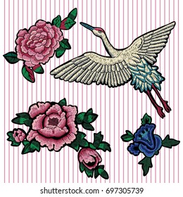 Embroidery floral patches with peonies and crane. Vector embroidered flowers elements for fashion design