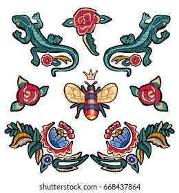 Embroidery floral patches with roses, lizards and bee. Vector embroidered flowers stickers for fashion design