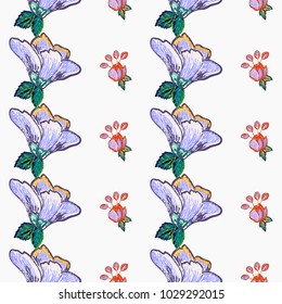Embroidery floral patches seamless pattern with bright flower patch and blue flowers embroideries in vintage watercolor style. Colorful bright illustration on white background.