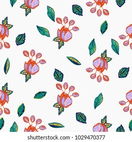 Embroidery floral patches seamless pattern with bright flower patch in vintage watercolor embroideries style. Colorful bright illustration on white background.