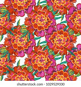 Embroidery floral patches seamless pattern with marigold flower embroideries in vintage watercolor patch style. Colorful bright illustration on white background.