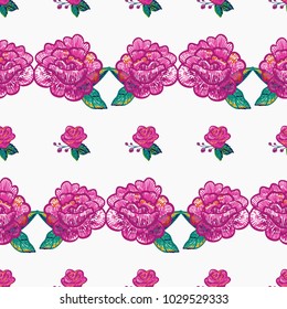 Embroidery floral patches seamless pattern with peony patch and pink rose embroideries in vintage watercolor style. Colorful bright illustration on white background.