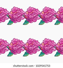 Embroidery floral patches seamless pattern with peony patch and pink rose embroideries in vintage watercolor style. Colorful bright illustration on white background.