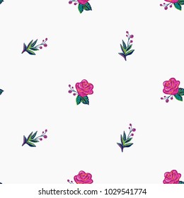 Embroidery floral patches seamless pattern with pink rose and small berry branch patch in vintage watercolor style. Colorful bright illustration on white background.