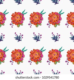 Embroidery floral patches seamless pattern with marigold patch and decorative branch embroideries in vintage watercolor style. Colorful bright illustration on white background.