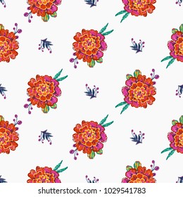 Embroidery floral patches seamless pattern with marigold patch and decorative branch embroideries in vintage watercolor style. Colorful bright illustration on white background.