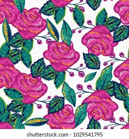 Embroidery floral patches seamless pattern with pink rose patch in vintage watercolor style. Colorful bright illustration on white background.