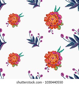 Embroidery floral patches seamless pattern with marigold patch and decorative branch embroideries in vintage watercolor style. Colorful bright illustration on white background.