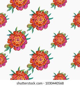 Embroidery floral patches seamless pattern with marigold flower embroideries in vintage watercolor patch style. Colorful bright illustration on white background.