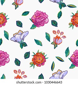 Embroidery floral patches seamless pattern with marigold flower patch, peony embroidery, blue flowers embroideries in vintage watercolor style. Colorful bright illustration on white background.